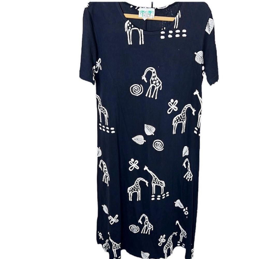 Vintage Copa Cabana T Shirt Maxi Dress M Womens Black White Giraffe Leaf